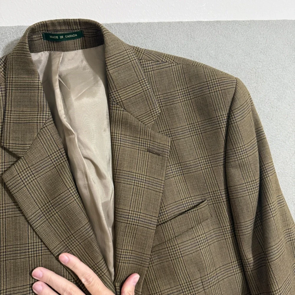 Lauren Ralph Lauren 100% Wool Glen Plaid‎ Blazer Brown Sport Coat Canada Made *